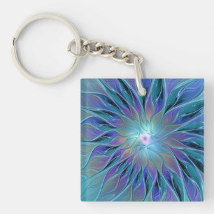 Blue Purple Flower Dream Abstract Fractal Art Keychain