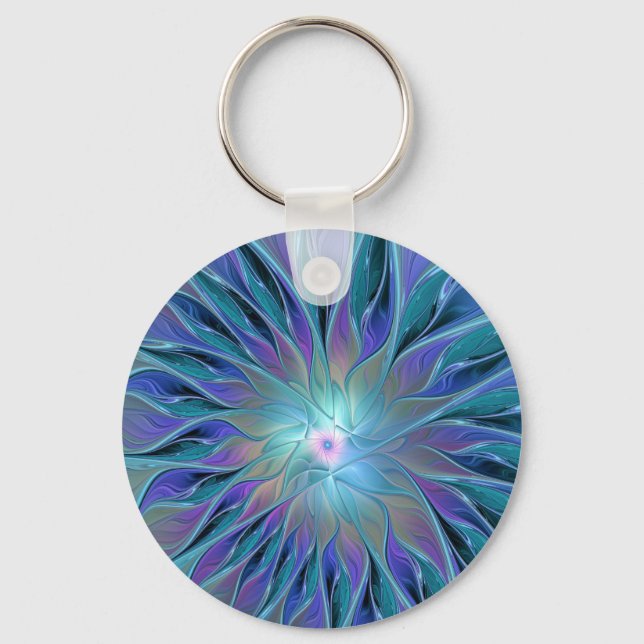 Blue Purple Flower Dream Abstract Fractal Art Keychain (Front)