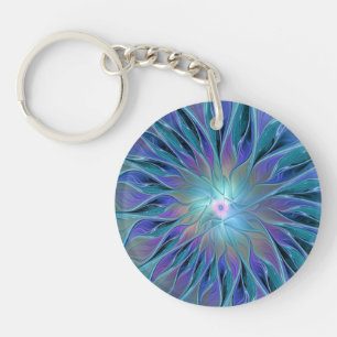 Blue Purple Flower Dream Abstract Fractal Art Keychain