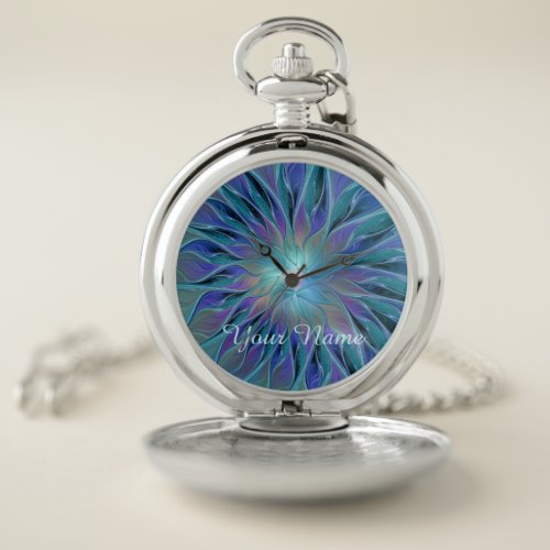 Blue Purple Flower Dream Abstract Fractal Art Name Pocket Watch