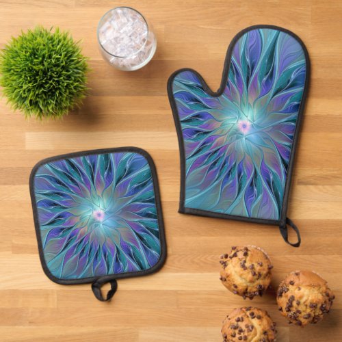 Blue Purple Flower Dream Abstract Fractal Art Oven Mitt  Pot Holder Set