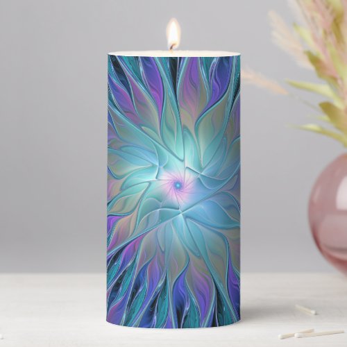 Blue Purple Flower Dream Abstract Fractal Art Pillar Candle