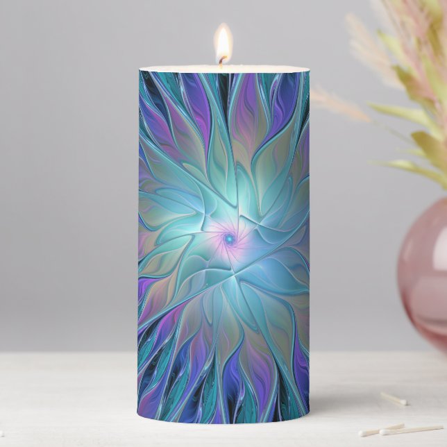 Blue Purple Flower Dream Abstract Fractal Art Pillar Candle (In Situ)
