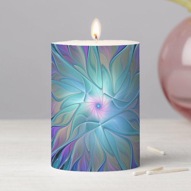 Blue Purple Flower Dream Abstract Fractal Art Pillar Candle (In Situ)