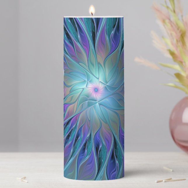 Blue Purple Flower Dream Abstract Fractal Art Pillar Candle (In Situ)