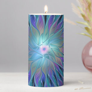 Blue Purple Flower Dream Abstract Fractal Art Pillar Candle