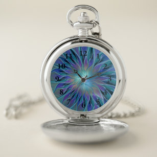 Blue Purple Flower Dream Abstract Fractal Art Pocket Watch
