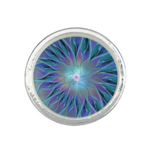 Blue Purple Flower Dream Abstract Fractal Art Ring