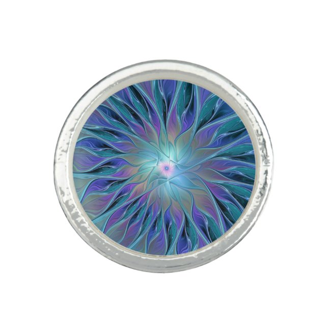 Blue Purple Flower Dream Abstract Fractal Art Ring (Front)