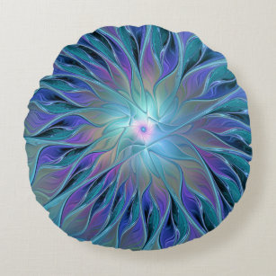 Blue Purple Flower Dream Abstract Fractal Art Round Pillow