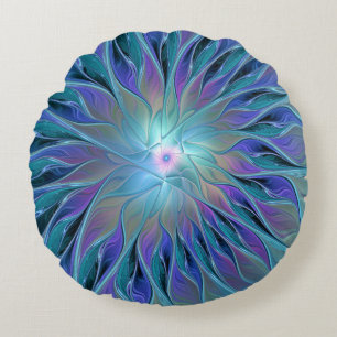 Blue Purple Flower Dream Abstract Fractal Art Round Pillow