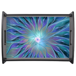 Blue Purple Flower Dream Abstract Fractal Art Serving Tray