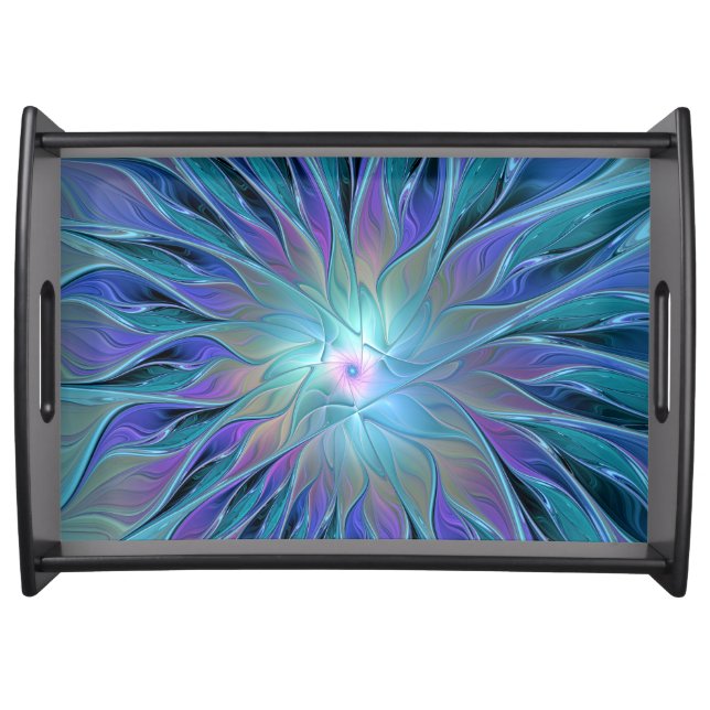 Blue Purple Flower Dream Abstract Fractal Art Serving Tray (Front)