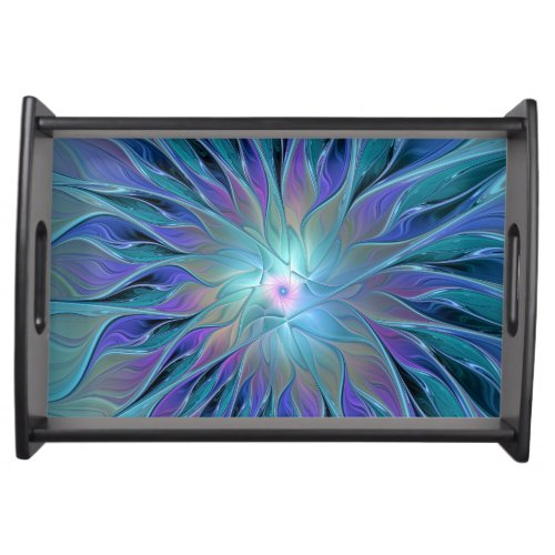 Blue Purple Flower Dream Abstract Fractal Art Serving Tray