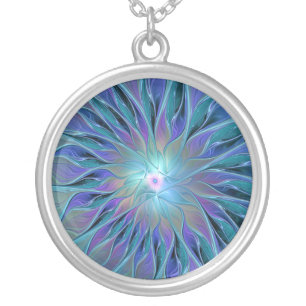 Blue Purple Flower Dream Abstract Fractal Art Silver Plated Necklace