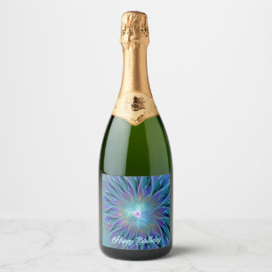 Blue Purple Flower Dream Abstract Fractal Art Sparkling Wine Label