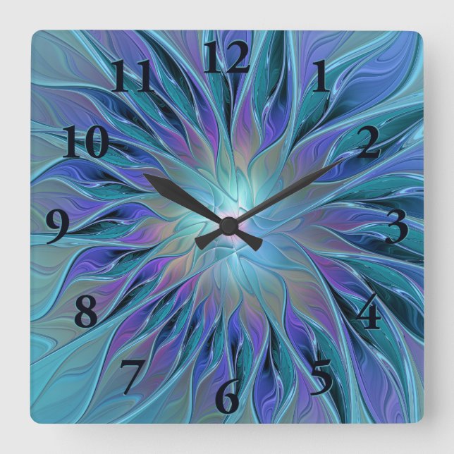Blue Purple Flower Dream Abstract Fractal Art Square Wall Clock (Front)