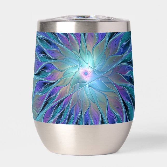 Blue Purple Flower Dream Abstract Fractal Art Thermal Wine Tumbler (Front)