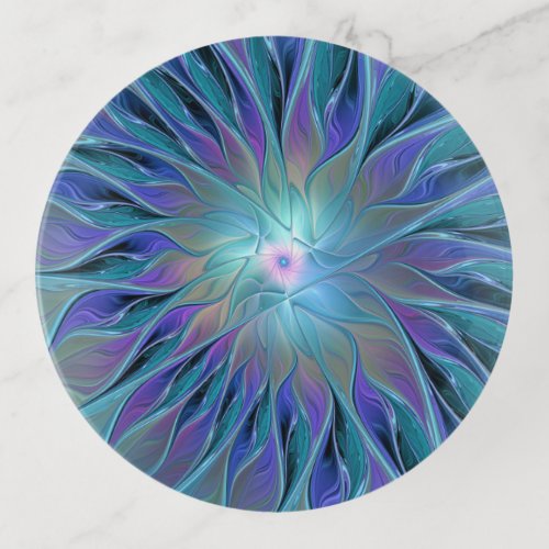 Blue Purple Flower Dream Abstract Fractal Art Trinket Tray