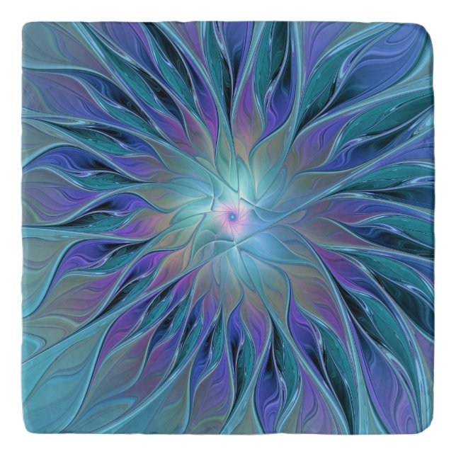 Blue Purple Flower Dream Abstract Fractal Art Trivet (Front)
