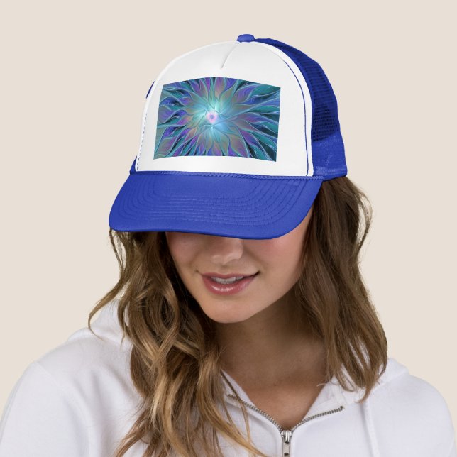 Blue Purple Flower Dream Abstract Fractal Art Trucker Hat (In Situ)