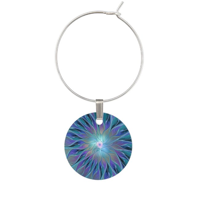 Blue Purple Flower Dream Abstract Fractal Art Wine Charm (Front)