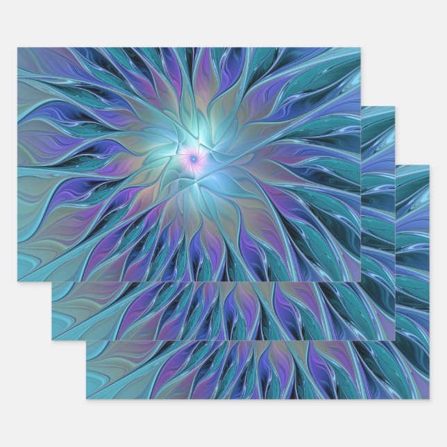Blue Purple Flower Dream Abstract Fractal Art Wrapping Paper Sheets (Set)