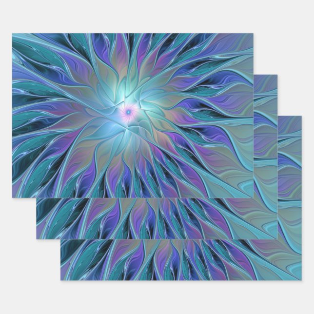 Blue Purple Flower Dream Abstract Fractal Art Wrapping Paper Sheets (Set)