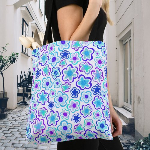 Blue Purple Flower Hand_Drawn Summer Floral Tote Bag