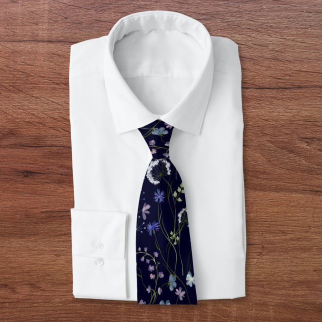 Blue Purple Flower Wildflower Floral Pattern Neck Tie (Front side)