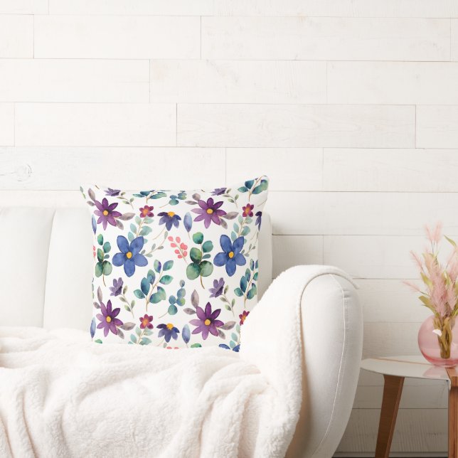 blue purple flower with green leaves pattern throw pillow (Couch)