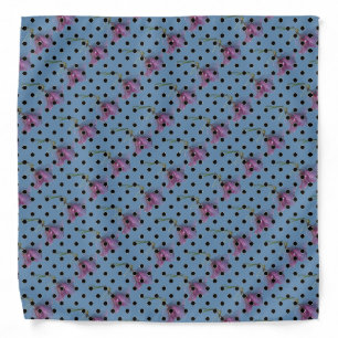 Blue purple flowers and black polka dots bandana