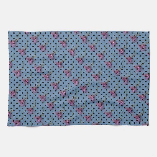 Blue purple flowers and black polka dots towel (Horizontal)