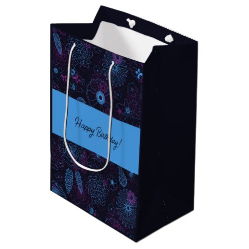 Blue  Purple Flowers Elegant Outline Pattern Medium Gift Bag