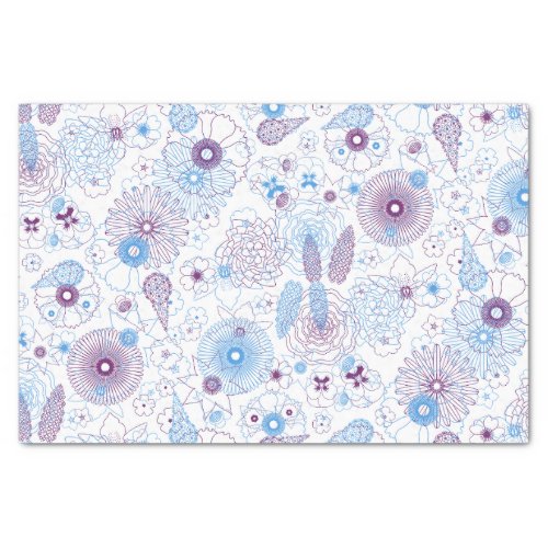 Blue  Purple Flowers Elegant Outline Pattern Tissue Paper