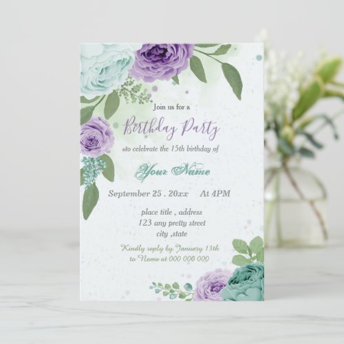 blue purple flowers green leaves birthday invitation