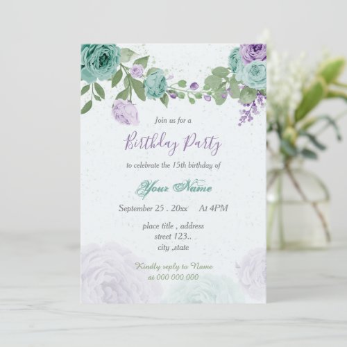 blue purple flowers green leaves birthday invitation