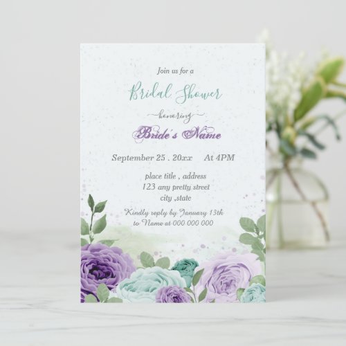 blue purple flowers green leaves bridal shower invitation