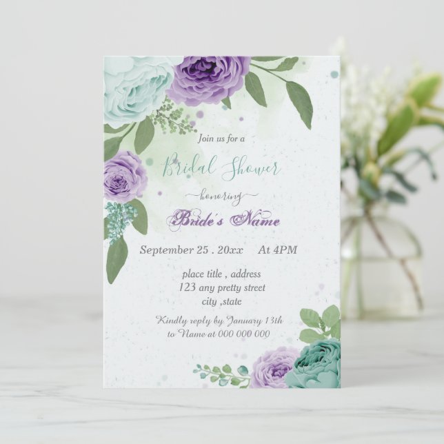 blue purple flowers green leaves bridal shower invitation (Standing Front)