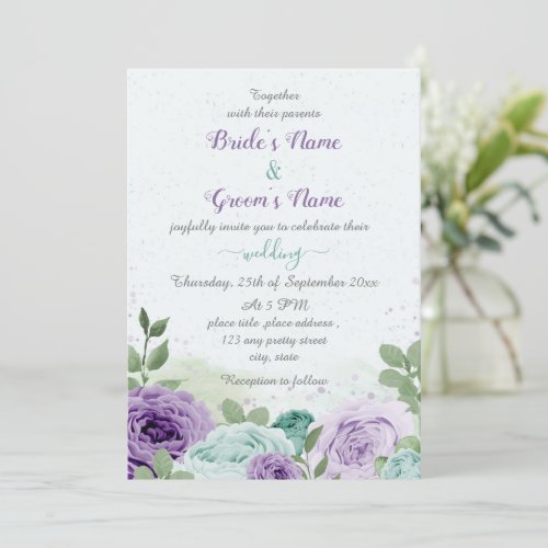 blue purple flowers green leaves wedding invitation