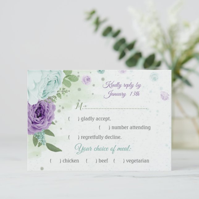 blue purple flowers greenery botanical meal choice RSVP card (Standing Front)