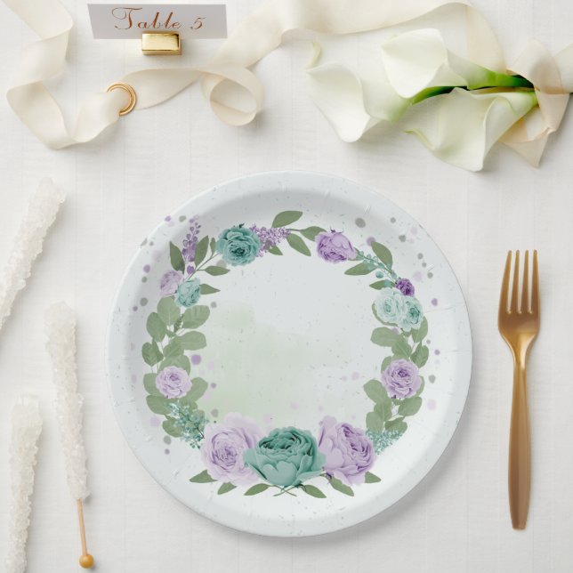 blue purple flowers greenery botanical paper plate (Wedding)