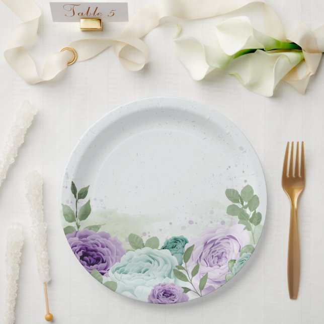 blue purple flowers greenery botanical paper plates (Wedding)