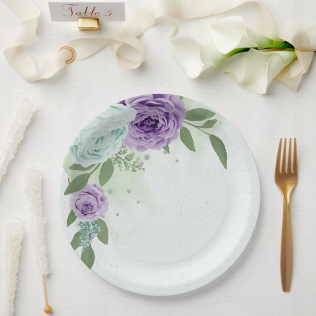 blue purple flowers greenery botanical paper plates (Wedding)