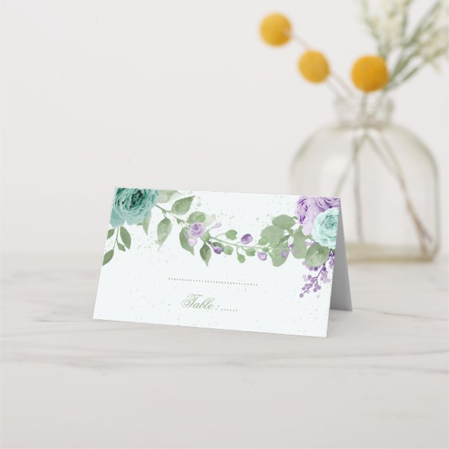 blue purple flowers greenery botanical place card (Front)