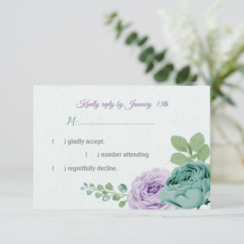 blue purple flowers greenery botanical  RSVP card