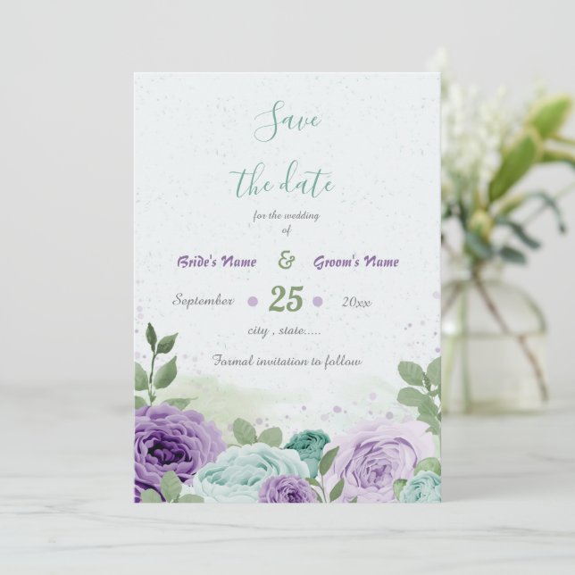 blue purple flowers greenery botanical save the date (Standing Front)