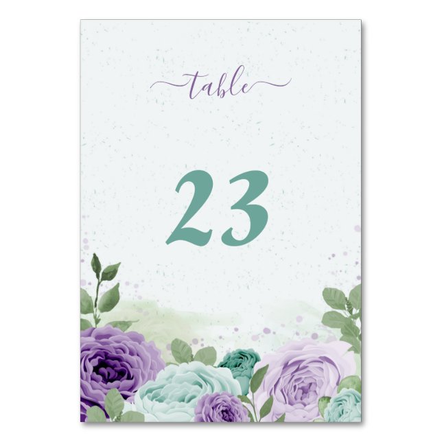 blue purple flowers greenery botanical table number (Front)
