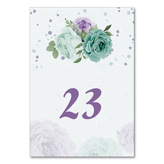 blue purple flowers greenery botanical table number (Front)