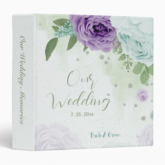 blue purple flowers greenery wedding album 3 ring binder (Front/Spine)